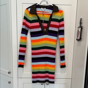 Steve Madden Rainbow Stripe Ribbed V‑Neck Long Sleeve Dress